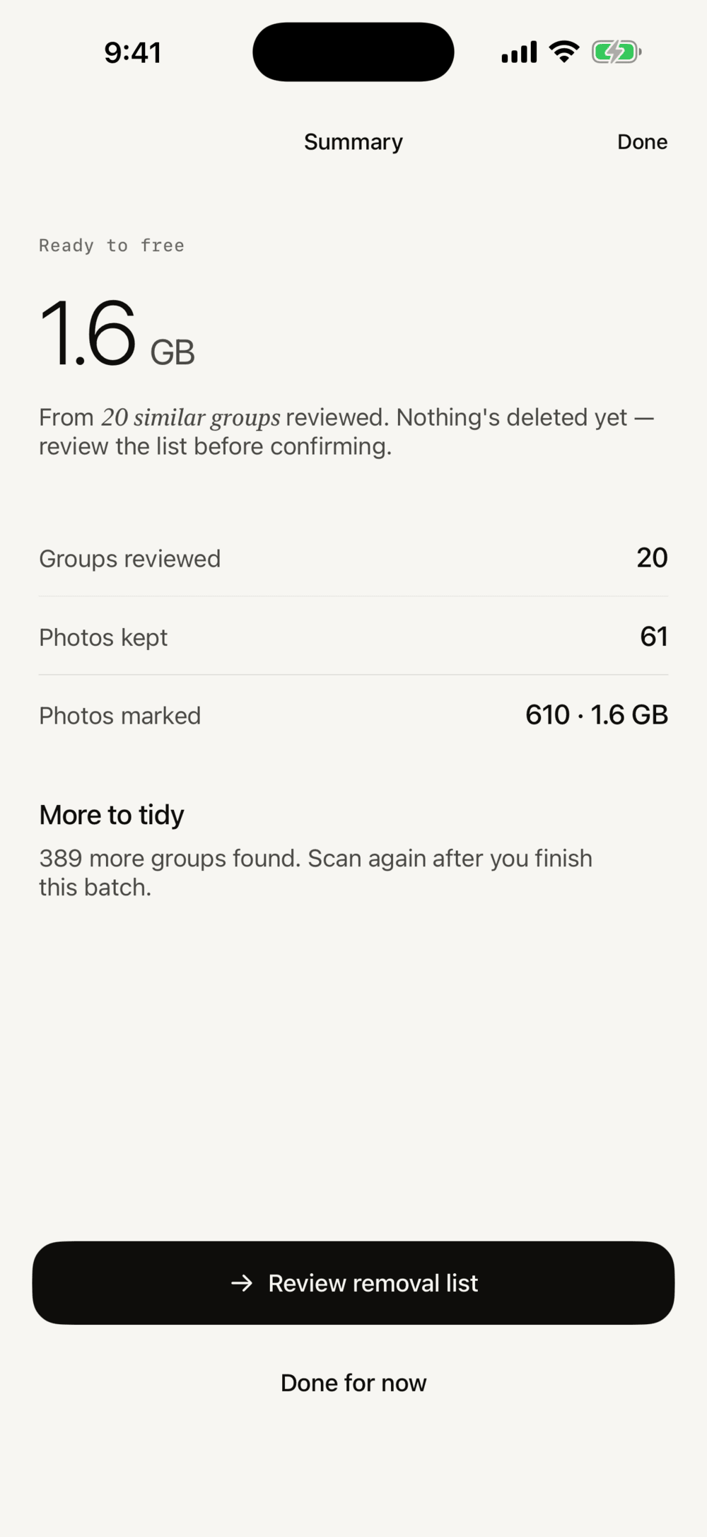 Brisk scan summary screen showing 1.6 GB ready to free from 20 similar groups reviewed