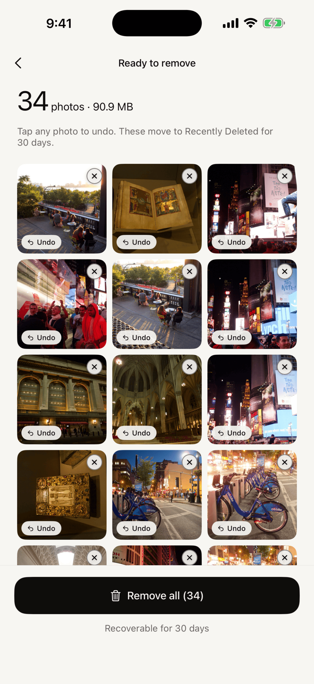 Ready to remove screen: 34 photos, 90.9 MB, each thumbnail with an undo button