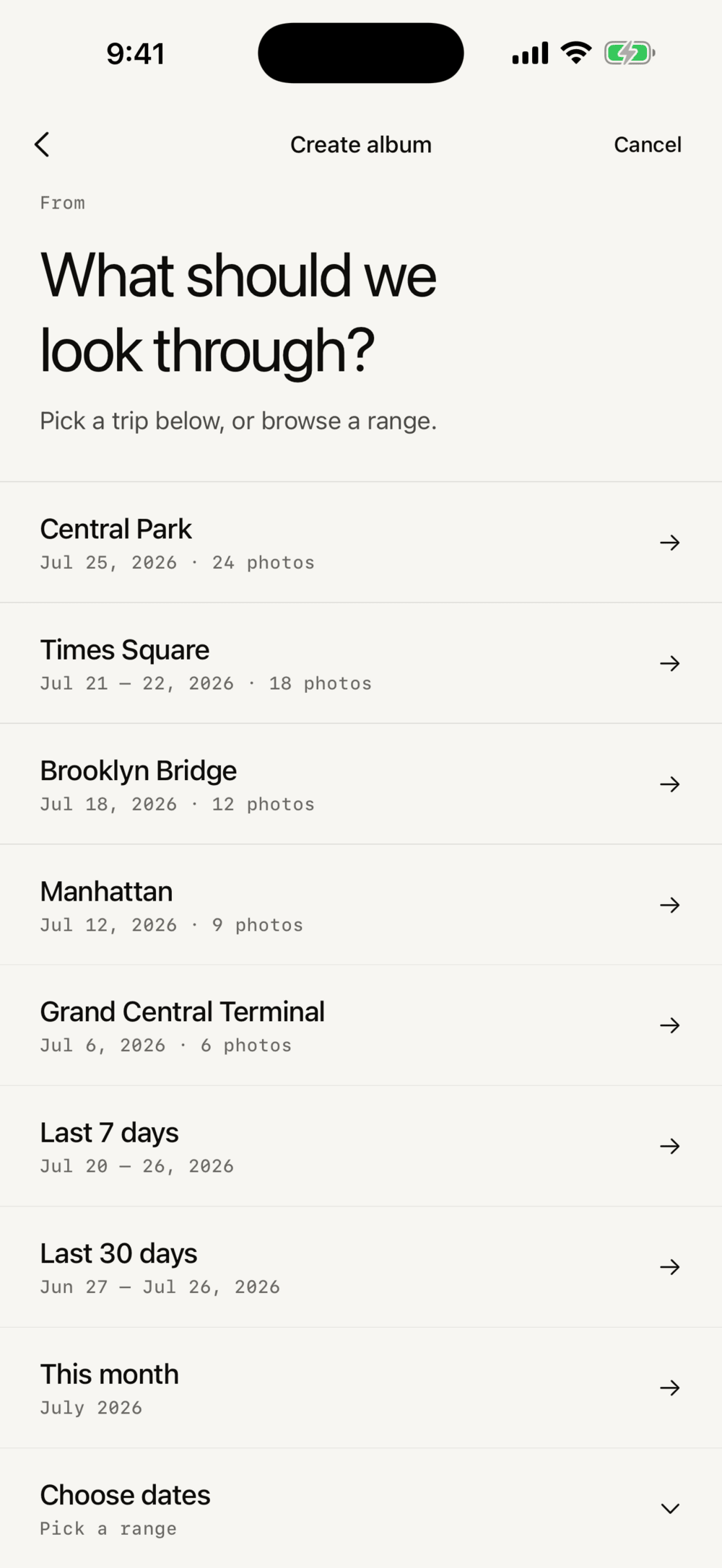 Create album screen listing trips grouped by time and place: Central Park, Times Square, Brooklyn Bridge