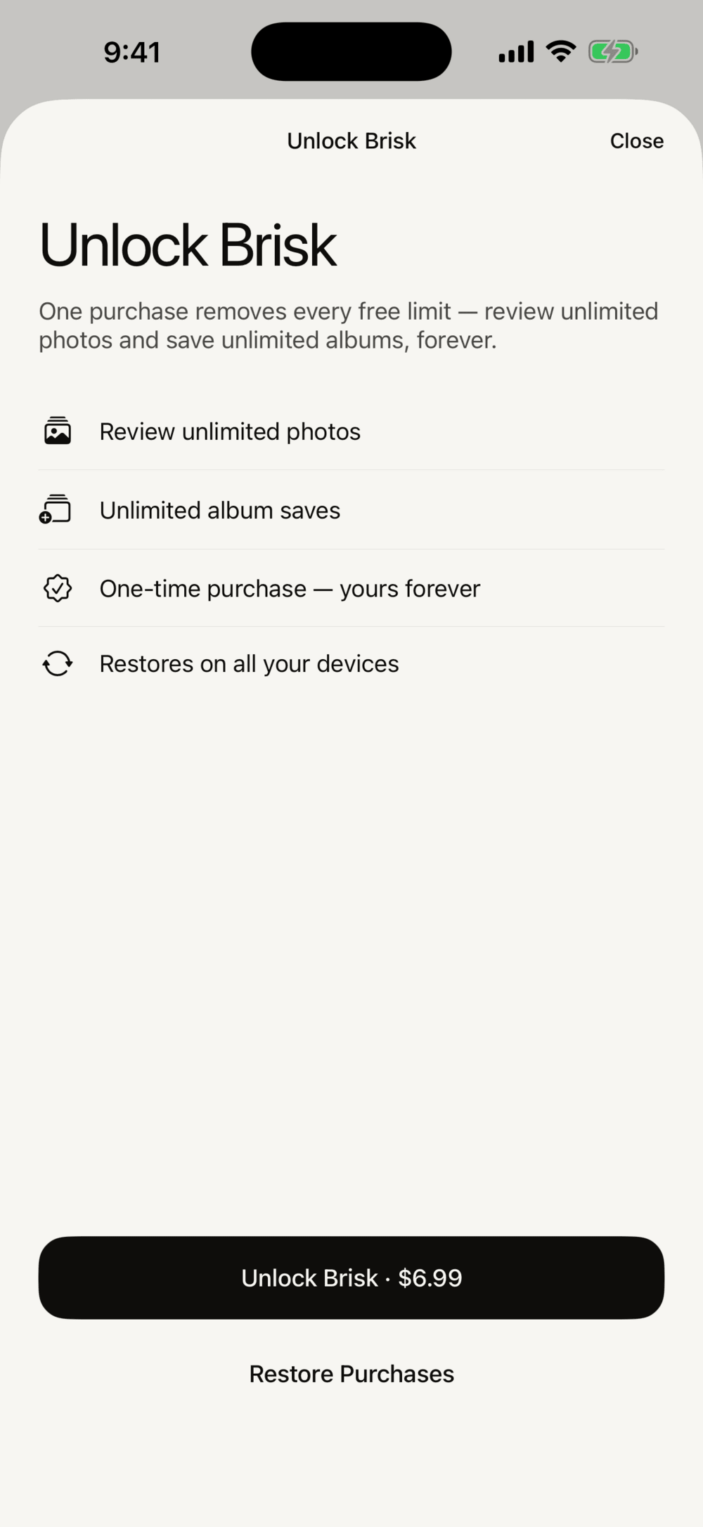 Unlock Brisk screen: unlimited photo reviews and album saves for a one-time 6.99 dollar purchase